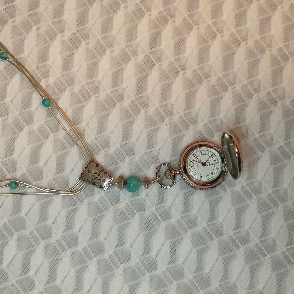 Carolyn Pollack HEISHI Liquid Ster. Silver w/ Turquoise & Quartz Pendant Watch - Picture 2 of 10